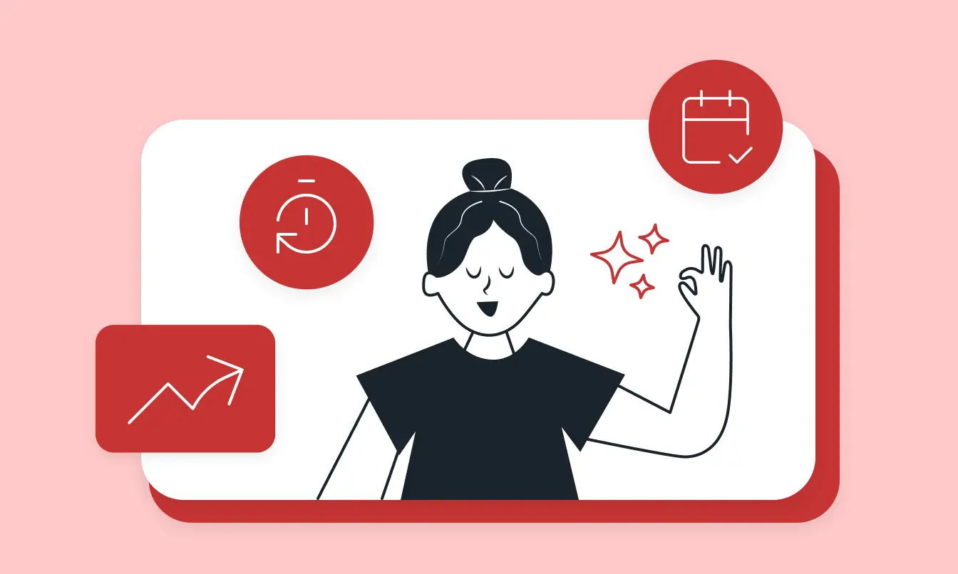 An illustration of a woman with a satisfied expression, including ENPS survey examples, suggests a theme of productivity and efficiency.