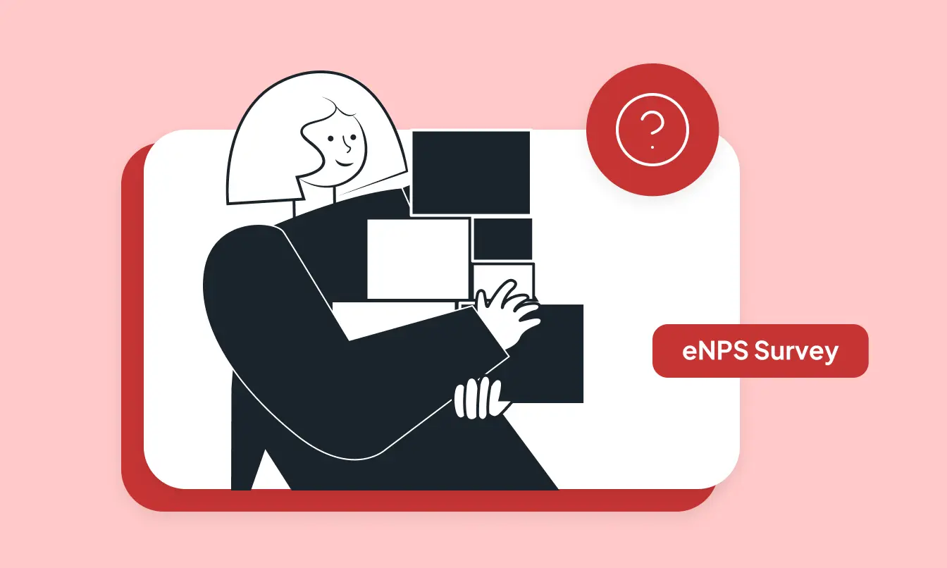 Illustration einer zufriedenen Person, die auf einem digitalen Gerät mit einer eNPS-Umfrage interagiert und zeigt, wie man eine eNPS-Umfrage in einem Unternehmensumfeld durchführt.