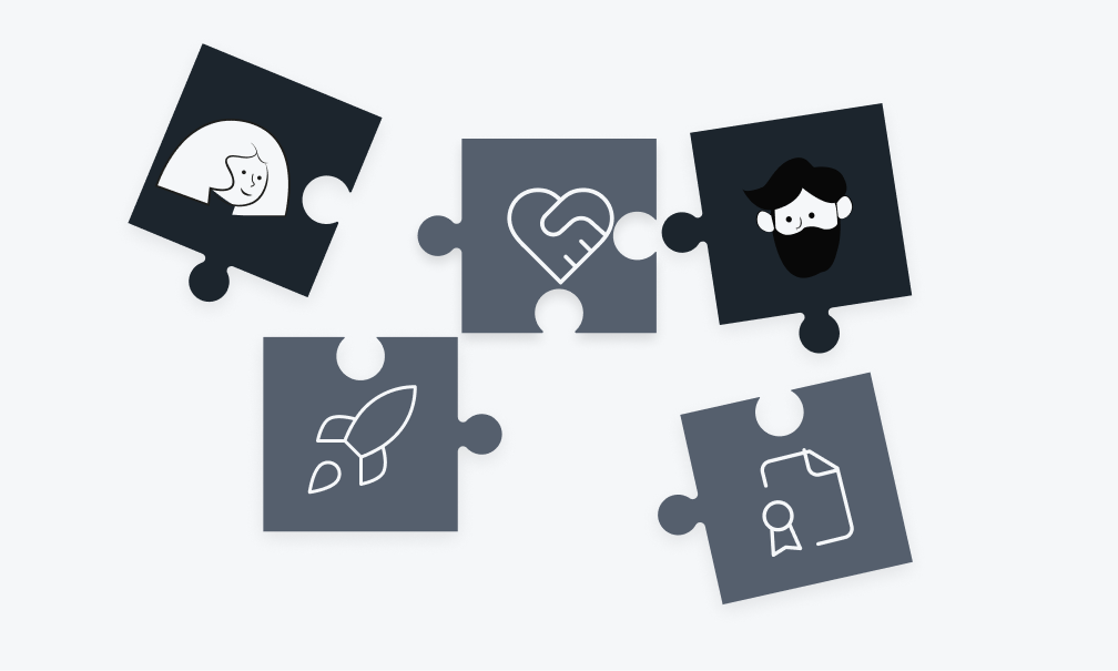 Eine Illustration mit fünf Puzzleteilen, die jeweils unterschiedliche Symbole enthalten und die verschiedenen Elemente der Arbeitsplatzkultur symbolisieren.