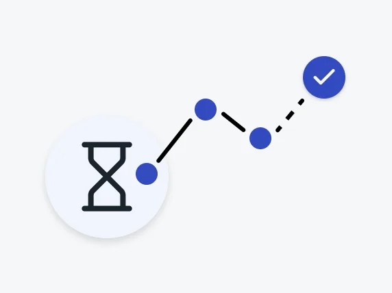 An hourglass icon linked to three blue dots, showing progress