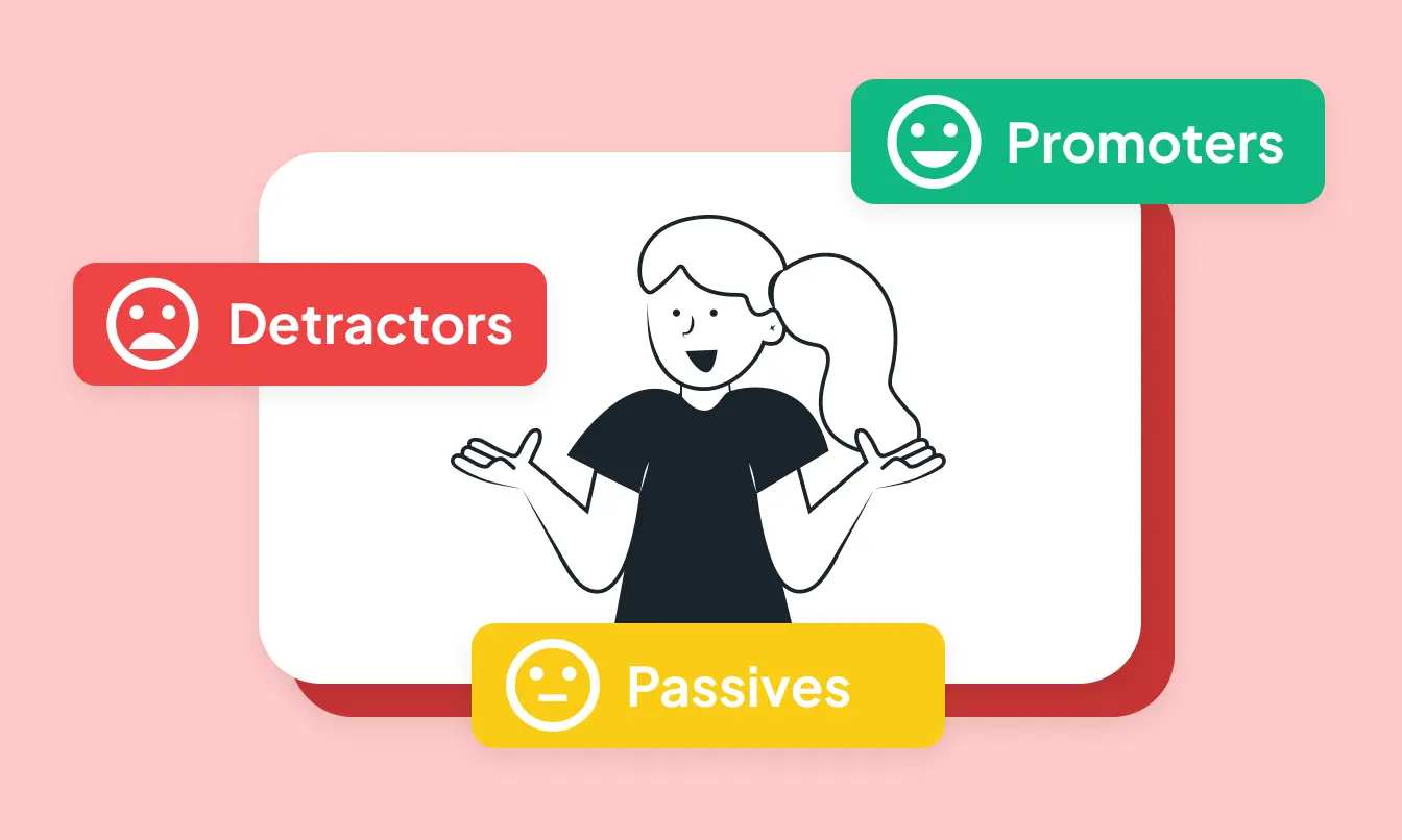 Person presenting an enps survey questions concept with icons representing promoters, passives, and detractors.