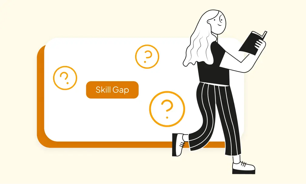 A woman walking beside a large sign with the words "skill gap" surrounded by question marks. This visual aids the explanation of What is Skill Gap.