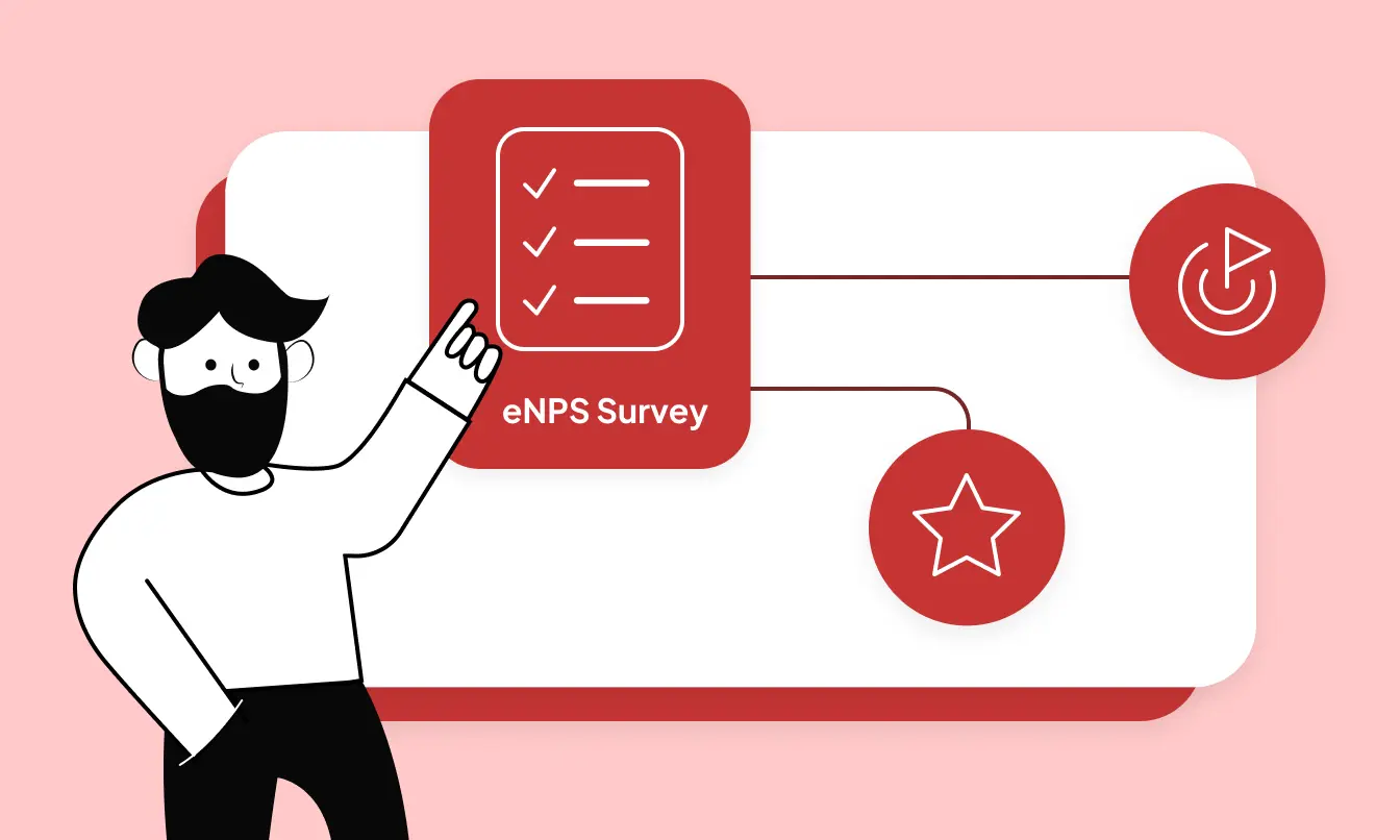 Ein Mann präsentiert Beispielfragen zum Employee Net Promoter Score (eNPS) mit einem Fokus auf Feedback und kontinuierlicher Verbesserung.