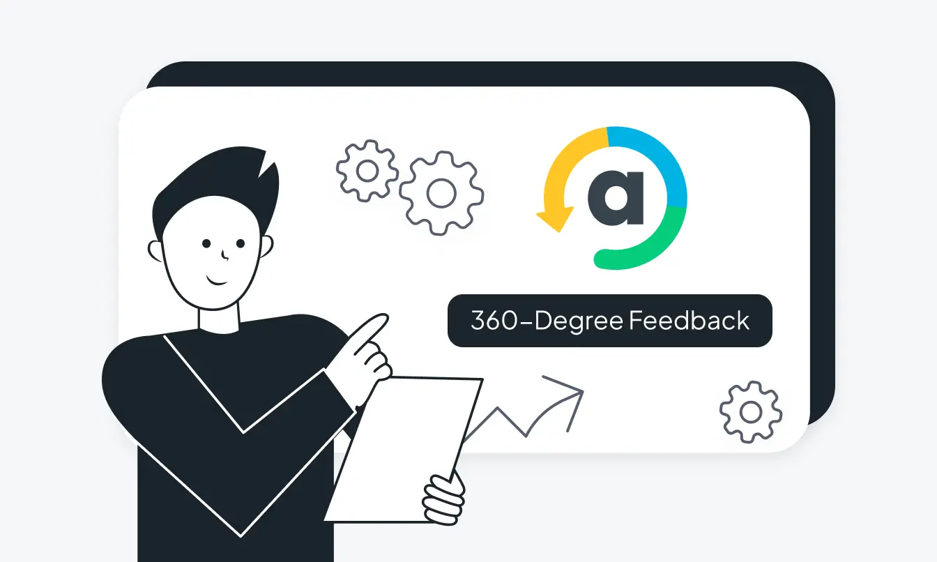 Illustration of a man presenting a chart, with icons representing gears and a circular arrow labeled "360-degree feedback".
