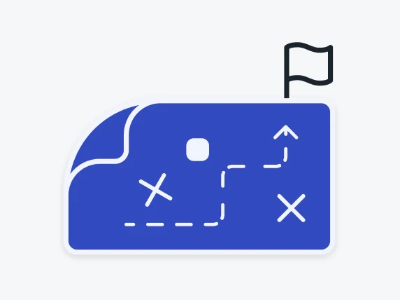 Abstract map icon with a flag, dashed path, and arrows, symbolizing a journey