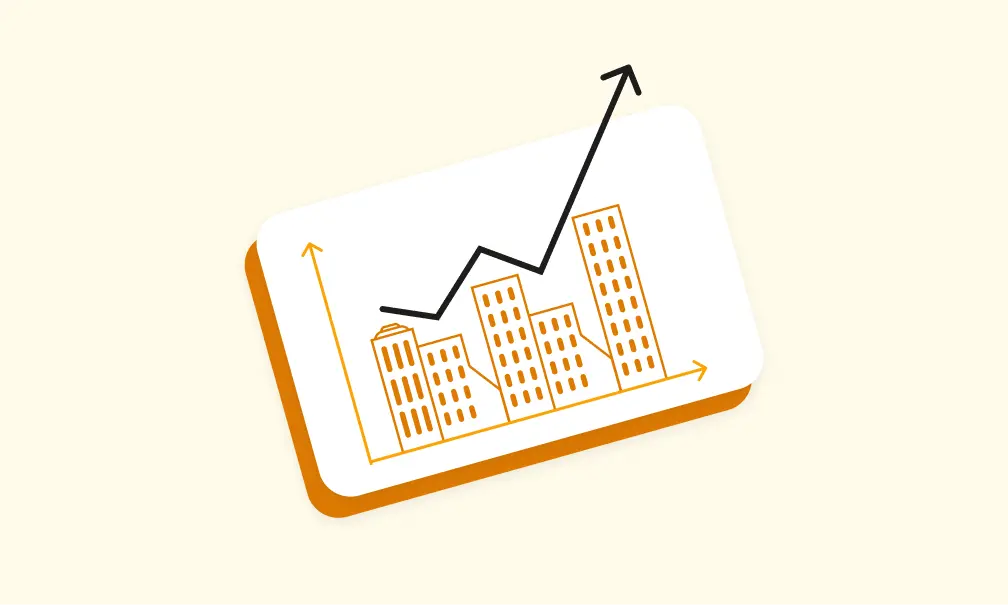 Illustration of a rising graph over buildings on a card, symbolizing economic or business growth.