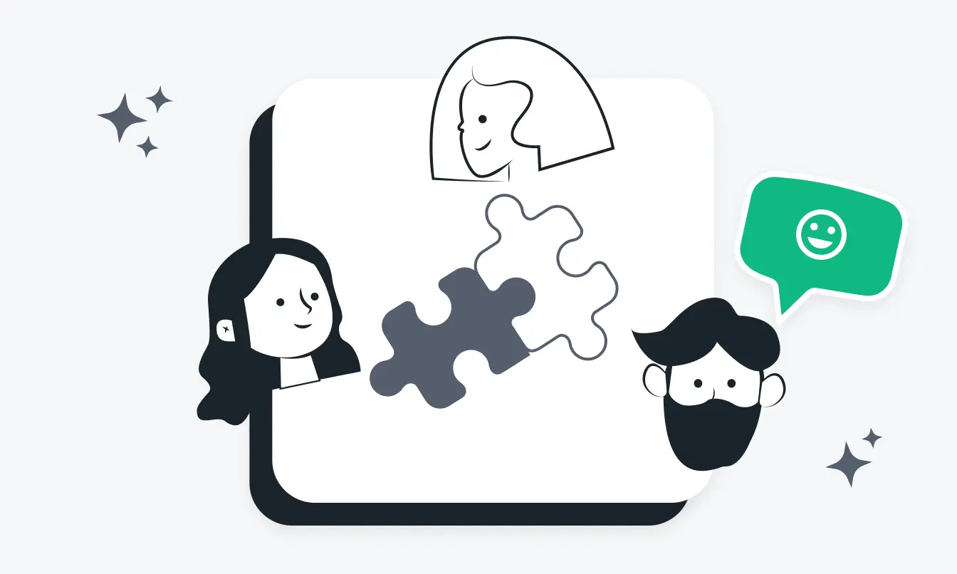Two characters join puzzle pieces with a happy speech bubble, indicating successful collaboration in ENPS and NPS.