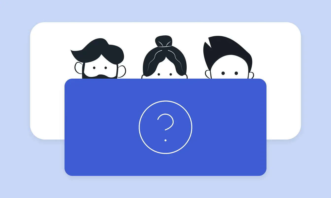 Drei Cartoon-Charaktere hinter einem blauen Panel mit einem Fragezeichen darauf repräsentieren die Anonymität einer eNPS-Umfrage.