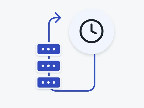 Blue arrow linking three rectangles with dots to a clock icon, illustrating time management