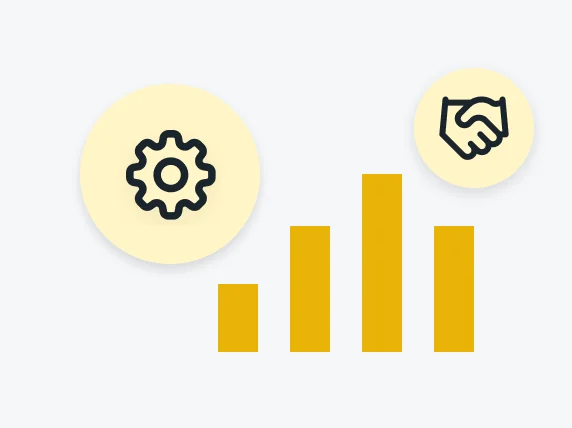 A bar graph and gear and handshake icons