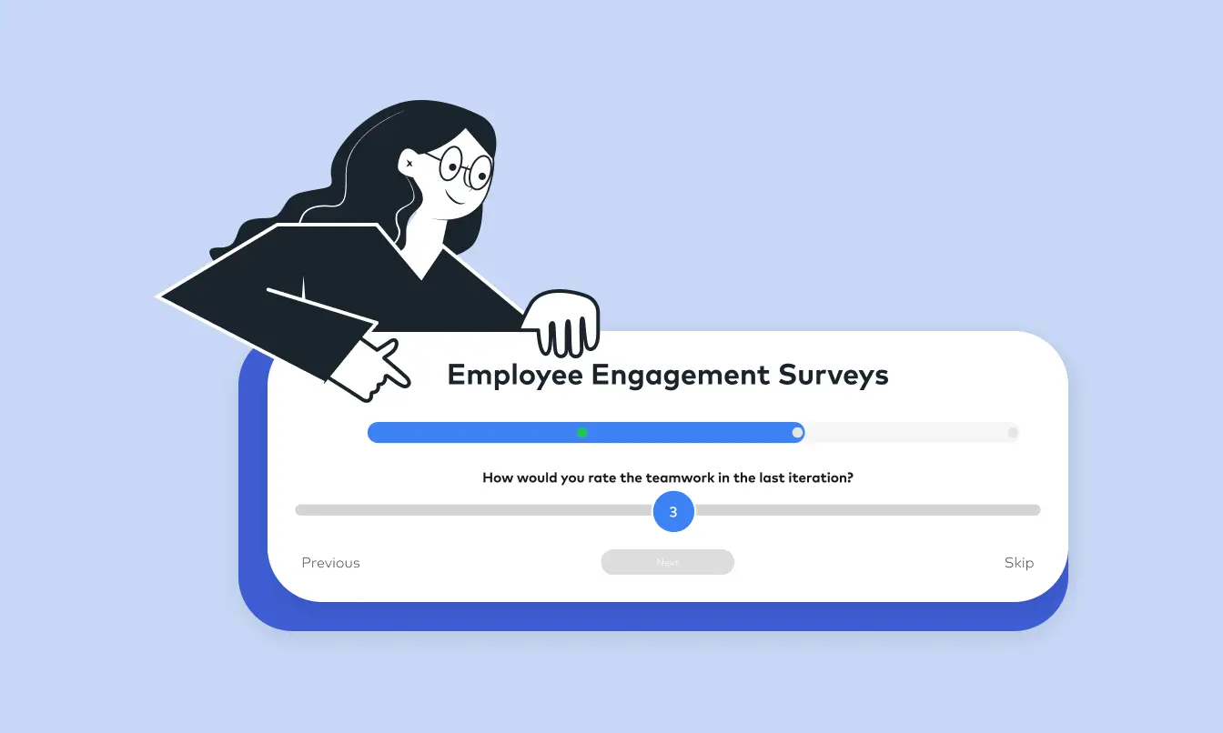 An illustrated character participating in an online employee engagement survey to rate the best eNPS alternatives.