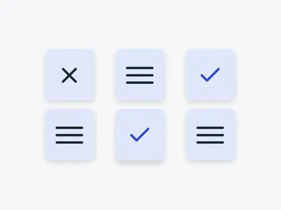 Ein 3x2-Gitter aus hellblauen quadratischen Schaltflächen mit Icons.