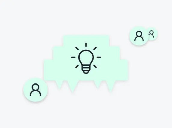 Three light green speech bubbles hold icons, with a light bulb for ideas in the center.