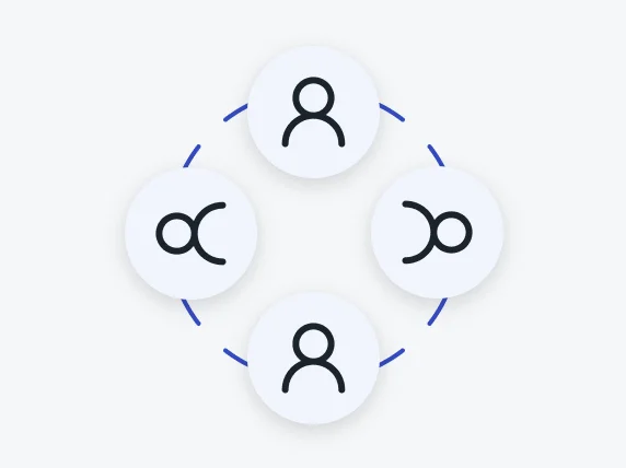 Four person icons interconnected by dotted lines