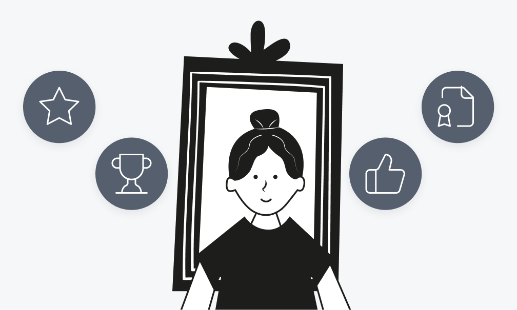 An illustration of a person framed by a decorative border. Surrounding the frame are four icons: a star, a trophy, a document with a ribbon, and a thumbs-up.