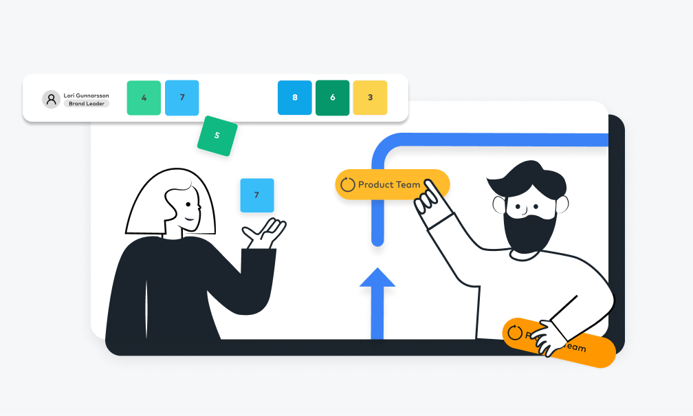 Illustration von zwei Personen, die mit Workflow-Diagrammen und Aufgabenkarten interagieren, als Symbol für eine effektive Organisationskultur in der Teamzusammenarbeit.