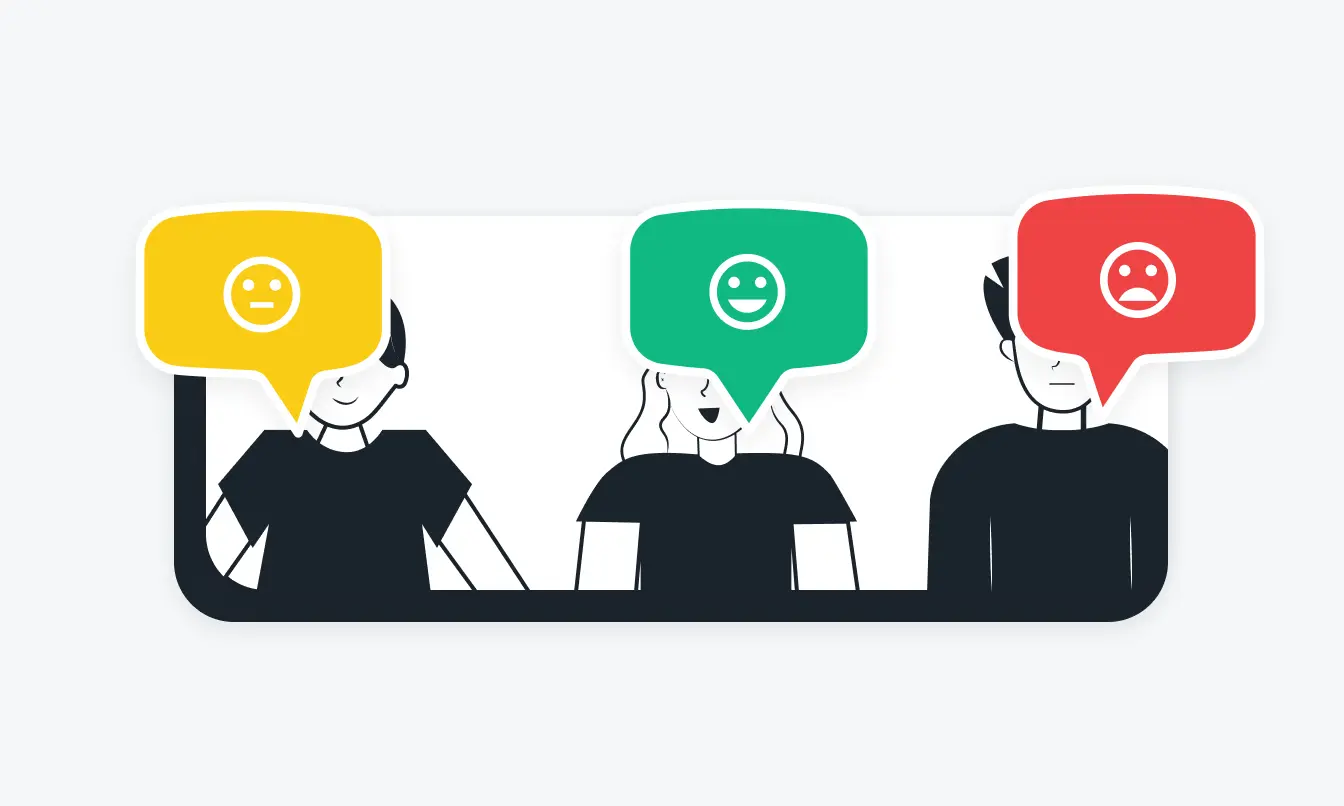 Three team members show different emotions: one is neutral, another is happy, and the last one is unhappy.