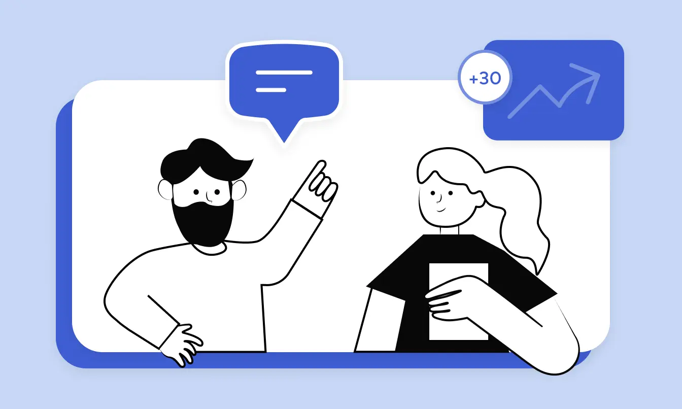 Two illustrated characters discussing, with symbols suggesting a conversation and eNPS progress.