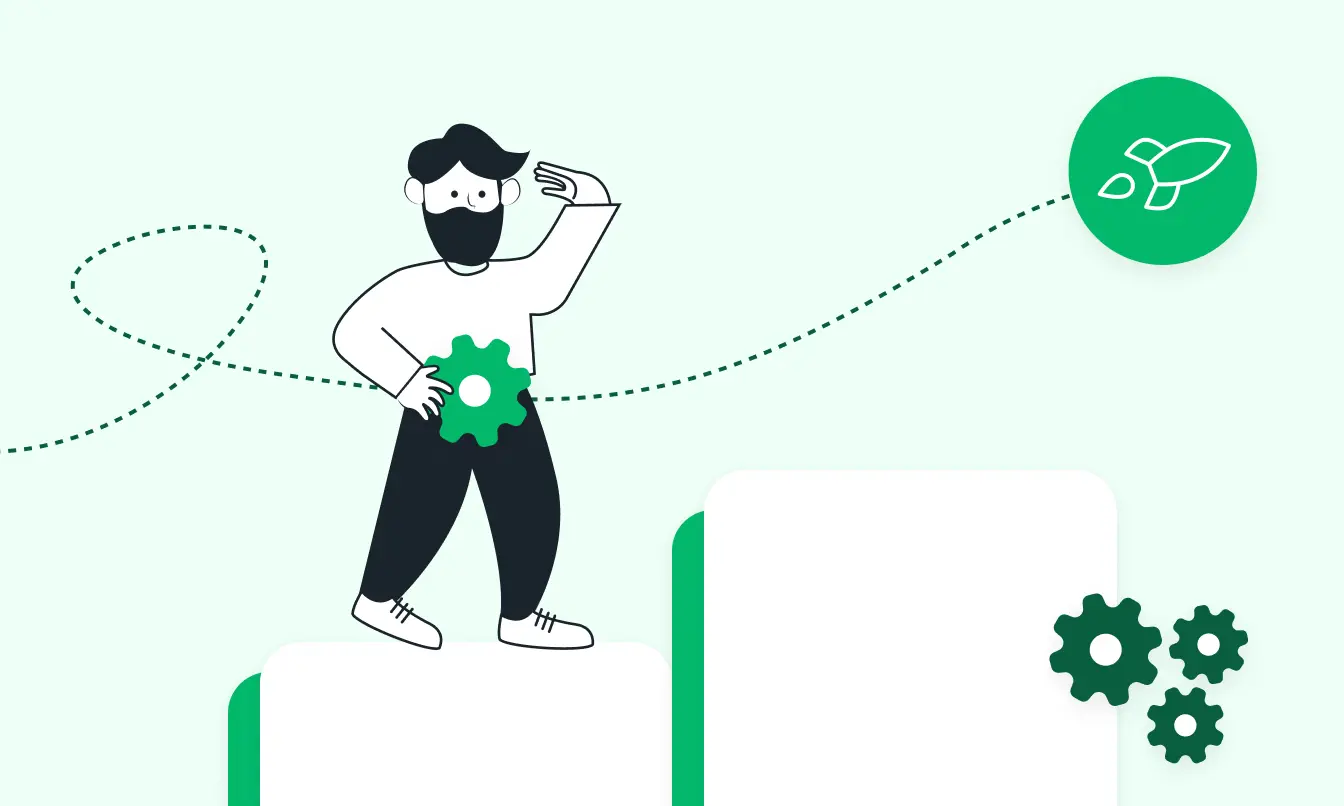 Eine Illustration einer Person, die eine Maske trägt und ein Zahnrad hält, was Problemlösung oder Innovation im Management von Mitarbeiterfähigkeiten symbolisiert.