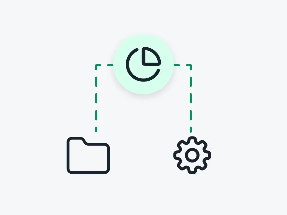 flowchart with pie chart, folder, and gear icons