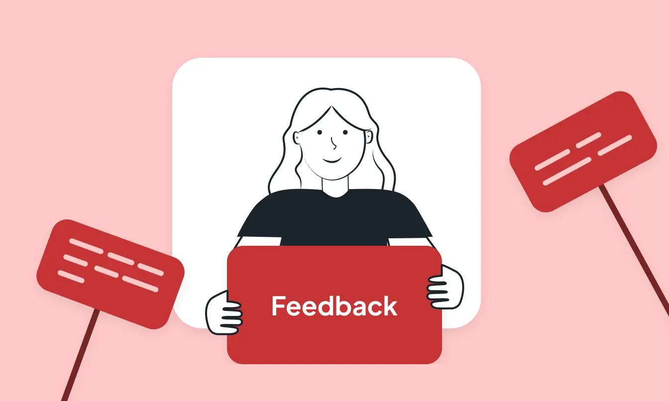 An Illustration of a smiling person holding a banner with the word "feedback" on the screen, surrounded by comment bubbles symbolizing receiving input or evaluations, including an eNPS question.