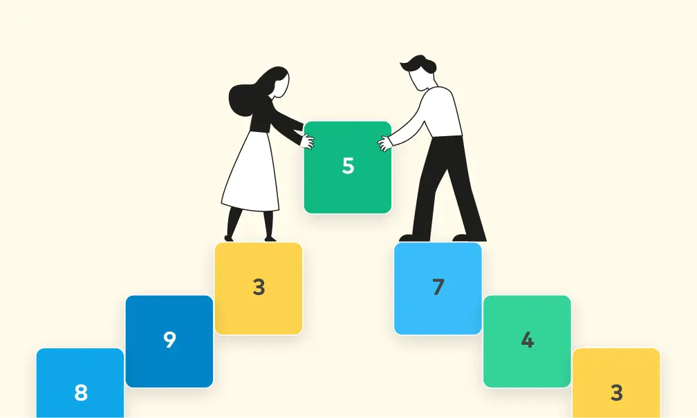 Eine Illustration zeigt einen Mann und eine Frau auf nummerierten Blöcken (3 und 7), die zusammenarbeiten, um eine Lücke (Block 5) zu überbrücken, die Kompetenzlücken symbolisiert.